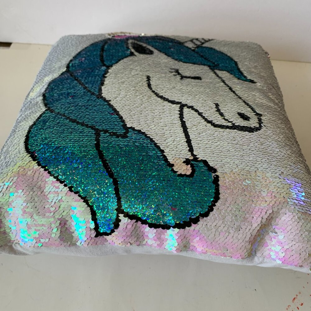 Sparkly Unicorn Pillow Reversible Sequin Pink Purple Plush 16" x 16" - Picture 5 of 7